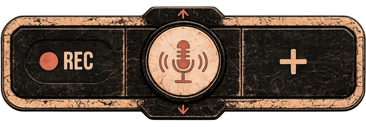 Barra de comando com o botão de rádio: REC à esquerda, o microfone redondo no centro e o sinal de mais à direita.