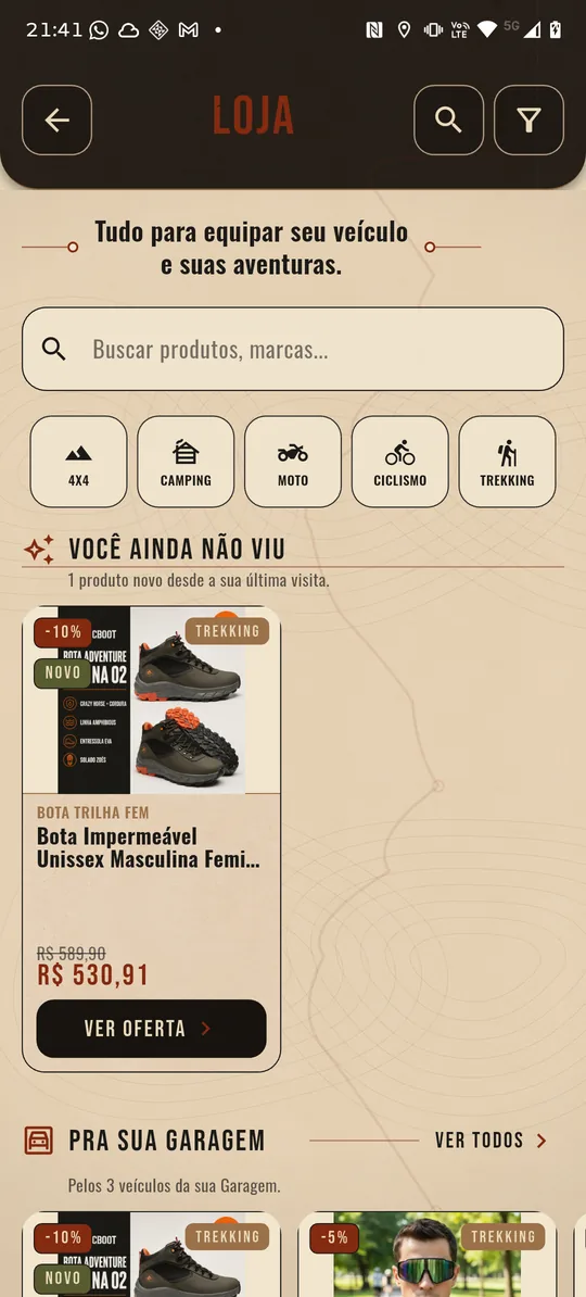 Tela Loja do Comboio: busca, os cinco mundos (4x4, Camping, Moto, Ciclismo, Trekking), a prateleira Você ainda não viu com um cartão de produto com desconto, preço cheio riscado e o botão Ver oferta.