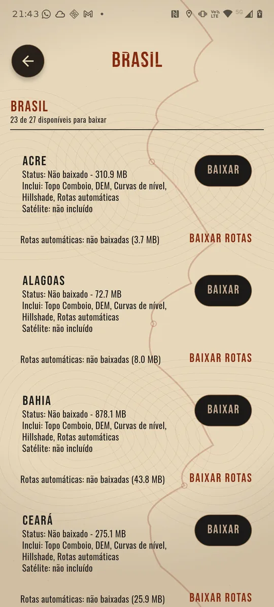 Lista de estados brasileiros para download offline, cada um com status, tamanho, o que inclui, a observação de que satélite não está incluído e a linha Rotas automáticas com o botão Baixar rotas.